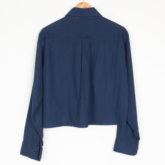 Vintage 70s Wool / Cotton Crop Navy Button Up Shirt M - Picture 6 of 6